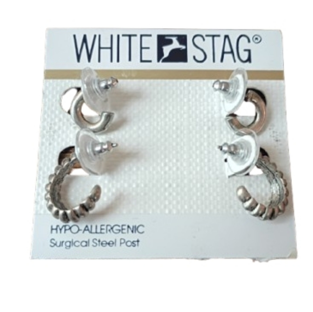 White Stag 2-Pair Silver Tone Textured Smooth Small Huggie Hoop Earring Set - Picture 1 of 4